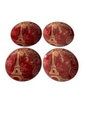 222 Fifth Joyeux Noel Gold Plates Set of 4 Red Eiffel Tower Christmas 6.25